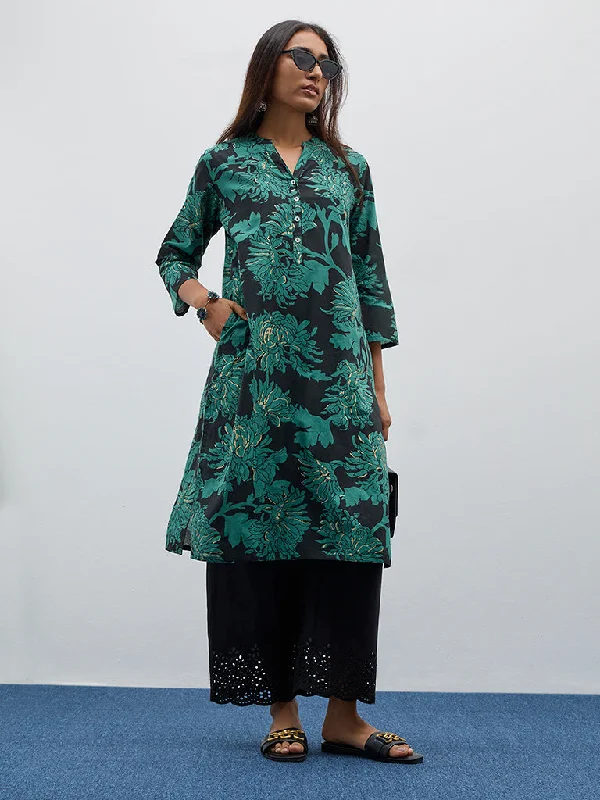 Utsa Green Botanical Design Straight Cotton Kurta