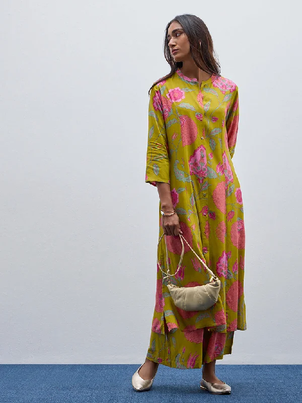 Utsa Light Green Floral Printed A-Line Kurta