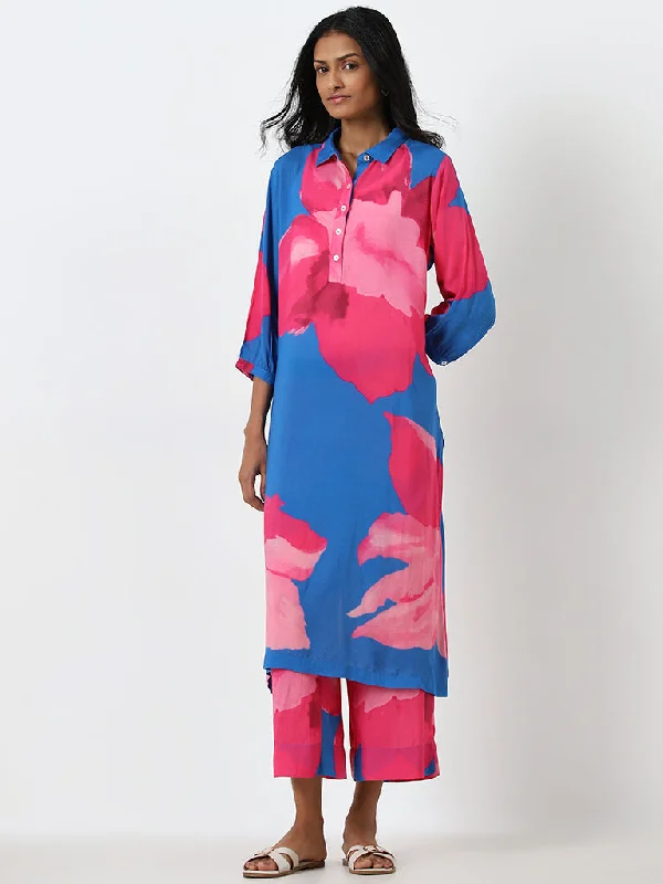 Utsa Blue Floral Printed Straight Kurta