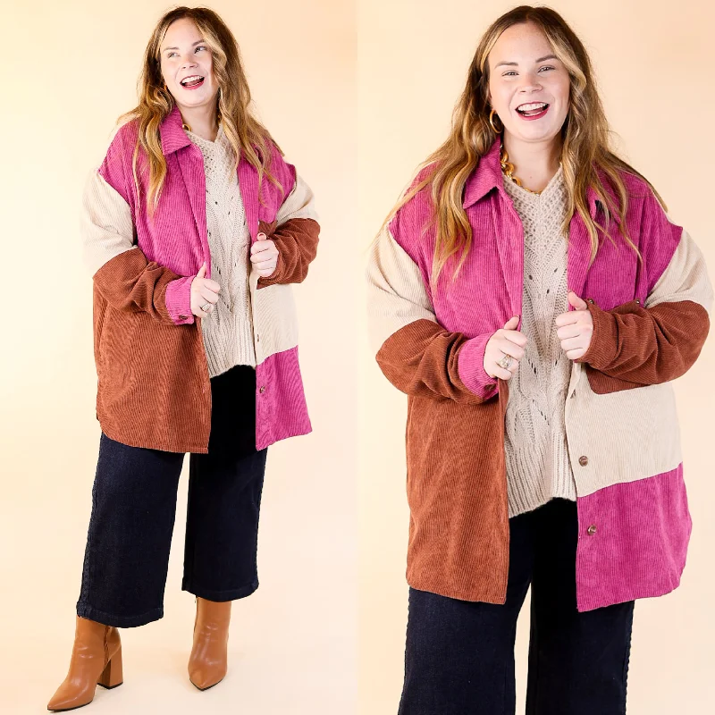 Casual Cuddles Color Block Corduroy Shacket in Magenta Mix