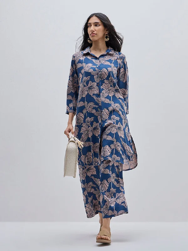 Utsa Indigo Foliage Design A-Line Cotton Kurta