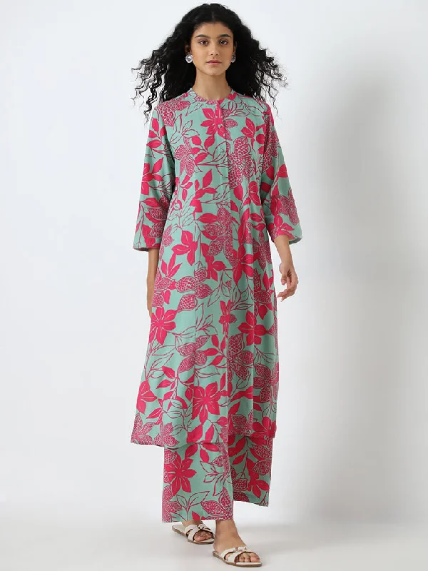 Utsa Teal Floral Printed A-Line Kurta