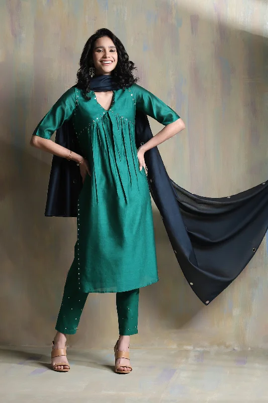 Emerald Green High Slit Kurta Set - Set of 3