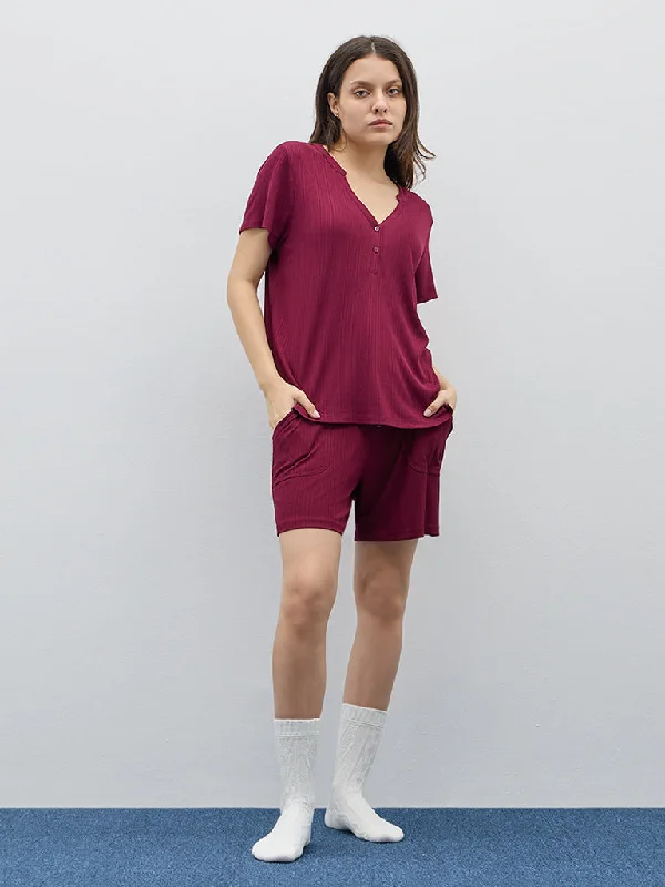 Wunderlove Maroon Supersoft Ribbed High-Rise Shorts