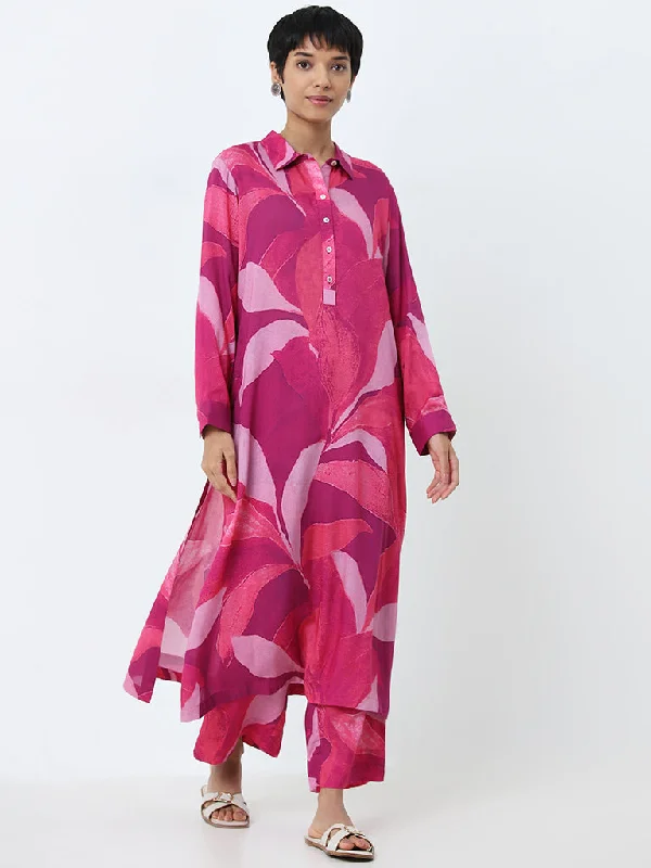 Utsa Fuchsia Leaf Printed Straight Kurta