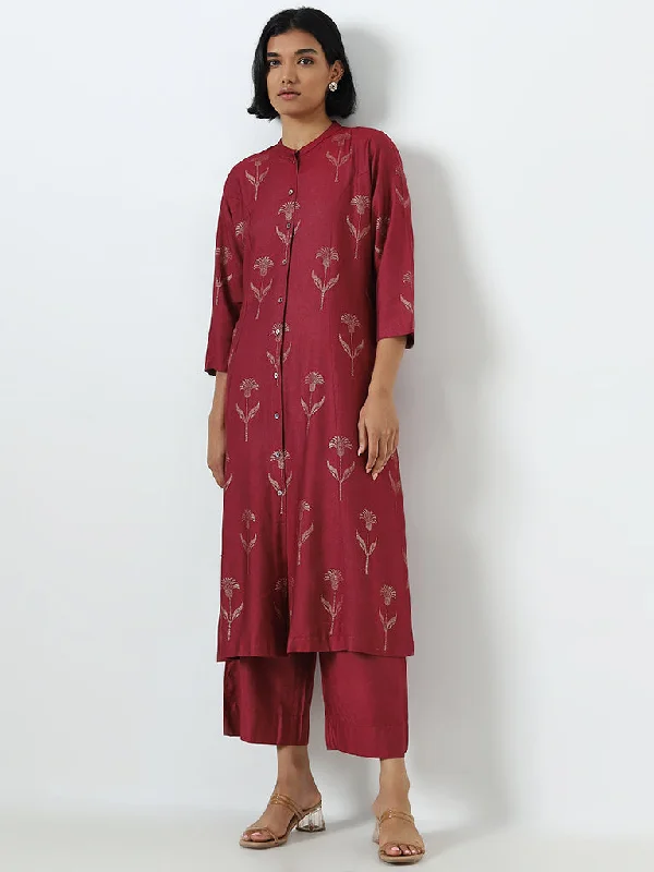 Zuba Maroon Foliage Design A-Line Kurta