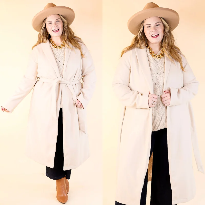 Hollywood Holiday Open Front Long Coat with Waist Tie in Beige