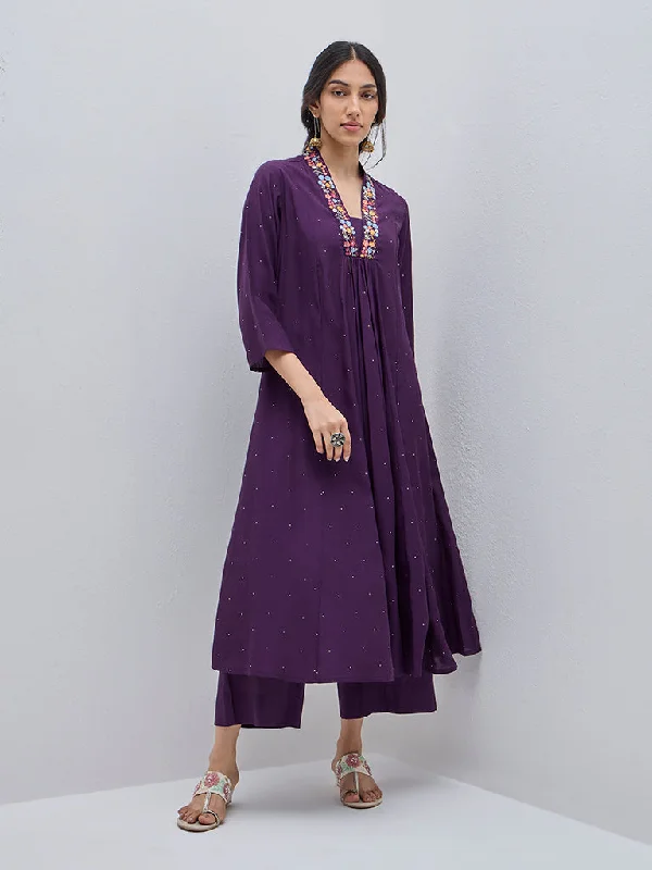 Utsa Purple Floral Embroidered A-Line Kurta