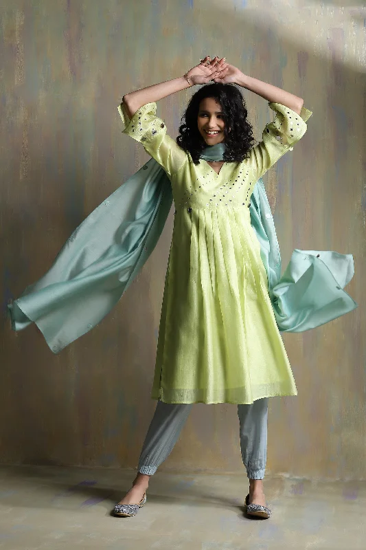 Lime Yellow Chanderi Kurta Set with Jogger