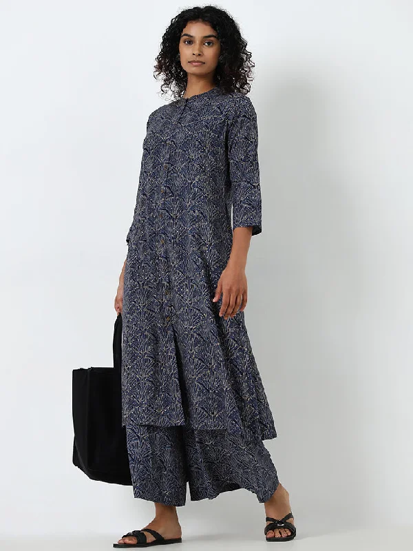 Utsa Navy Leaf Printed A-Line Kurta