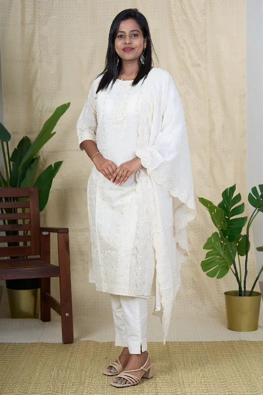 Elegant White Chikankari Cotton Salwar Kameez Set with Embroidered Dupatta