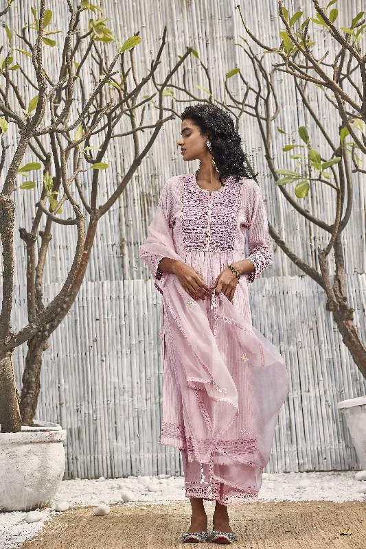 Blush Pink Lace & Bead Kurta with Palazzo - Set of 3