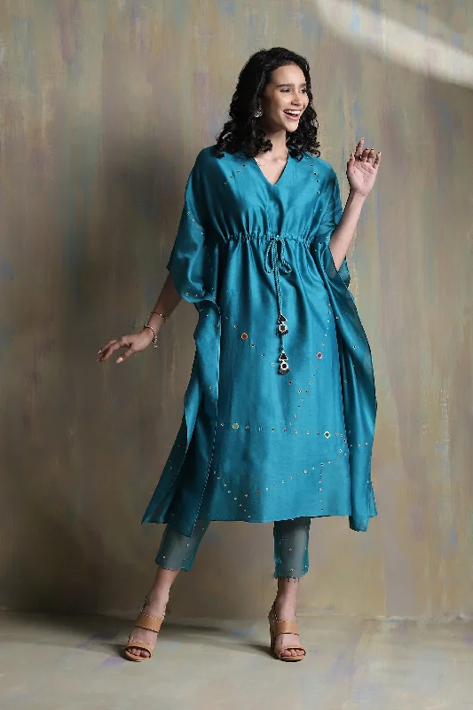 Turquoise Chanderi Kaftan With Pant - Set of 2