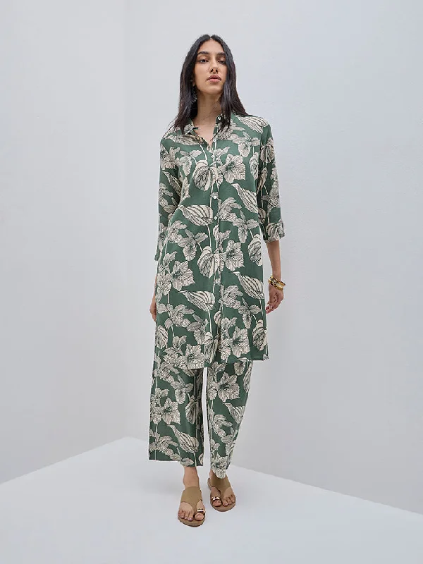 Utsa Green Foliage Printed A-Line Kurta