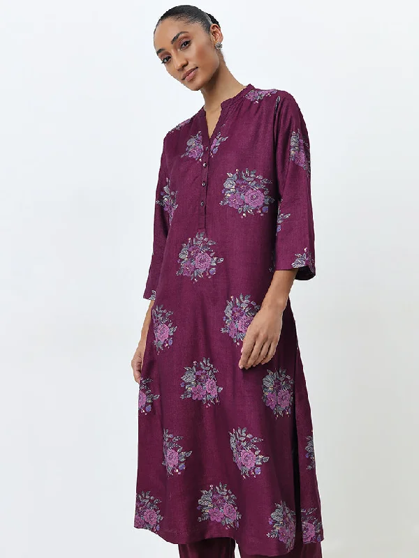 Zuba Purple Floral Printed A-Line Kurta