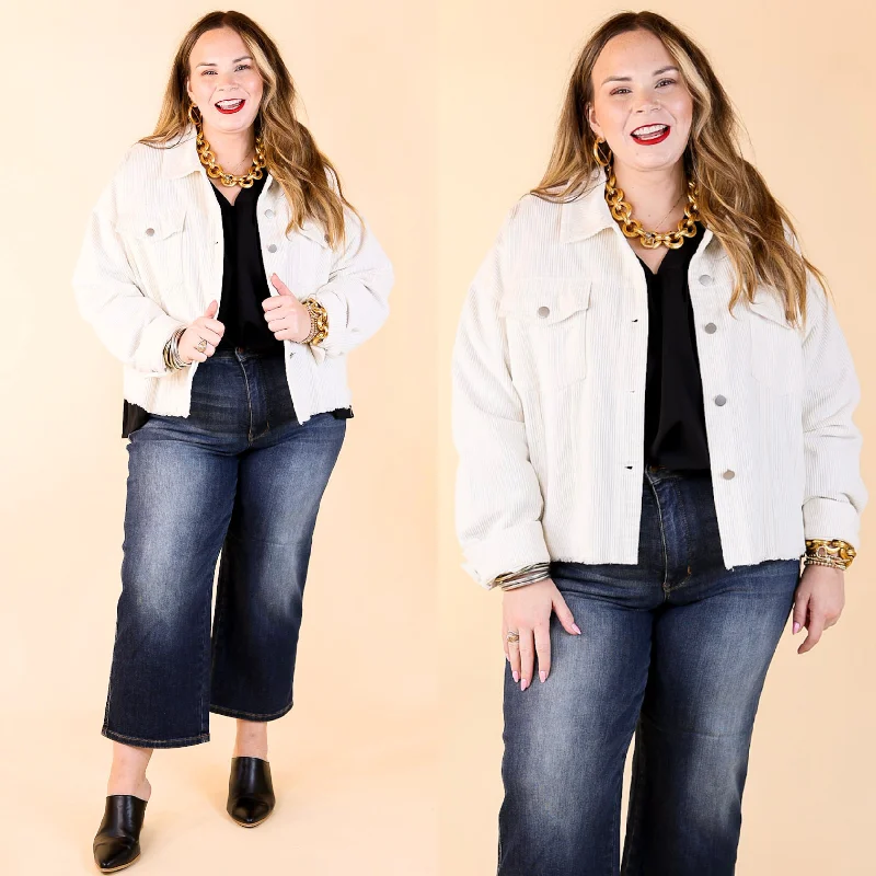 Edgy and Chic Button Up Corduroy Jacket with Raw Hem in Ivory