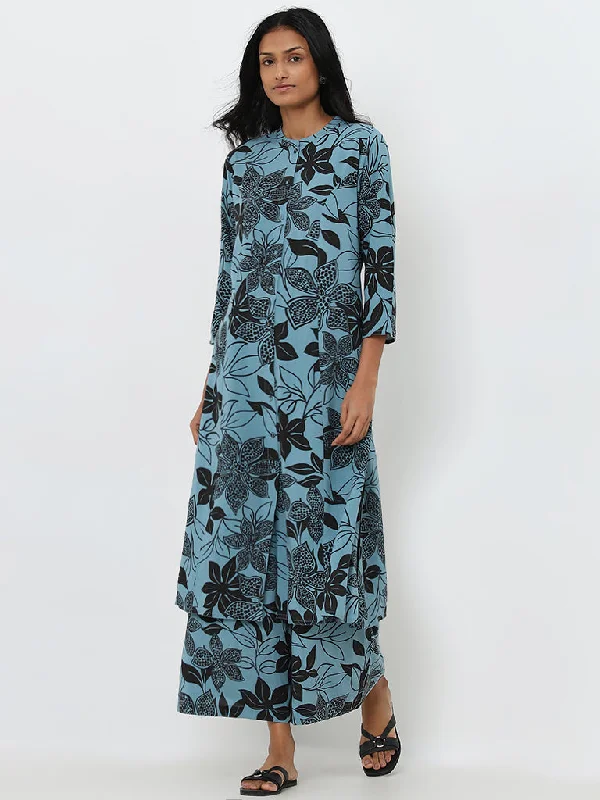 Utsa Dusty Blue Leaf Printed A-Line Kurta