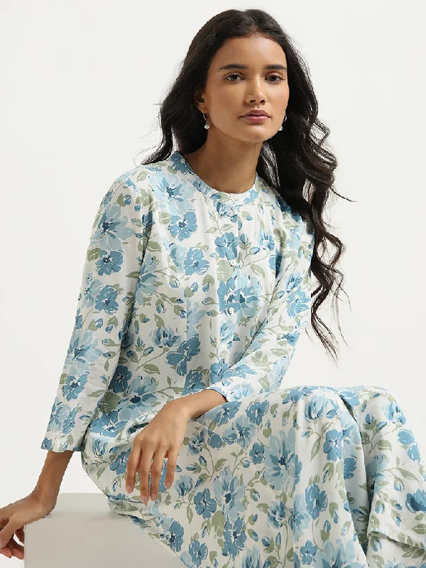 Utsa Blue Floral Printed A-Line Kurta