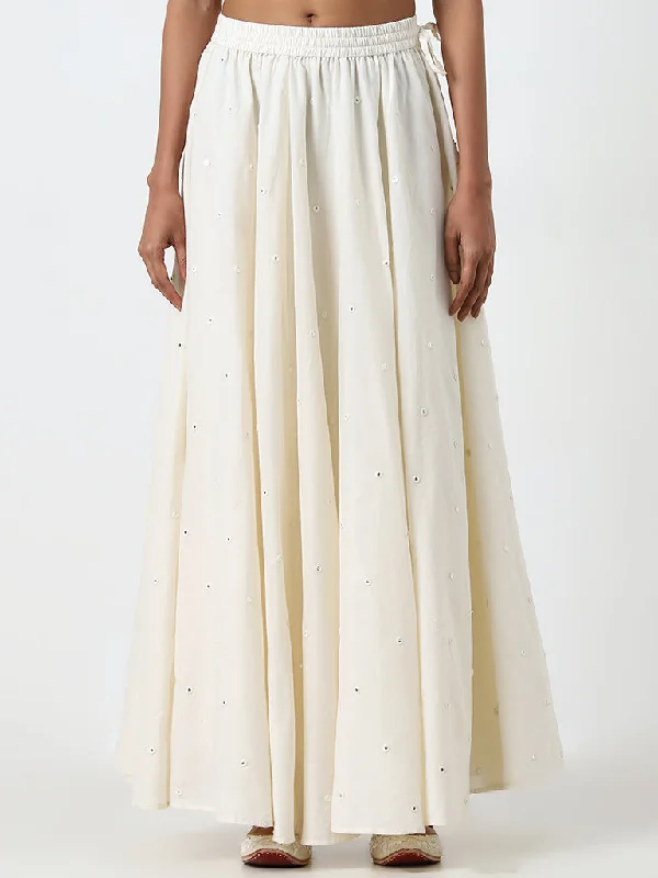 Utsa Off-White Mirror Work High-Rise Cotton Skirt