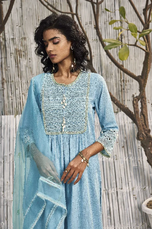 Tropical Blue Cotton Kurta with Palazzo - Set of 3