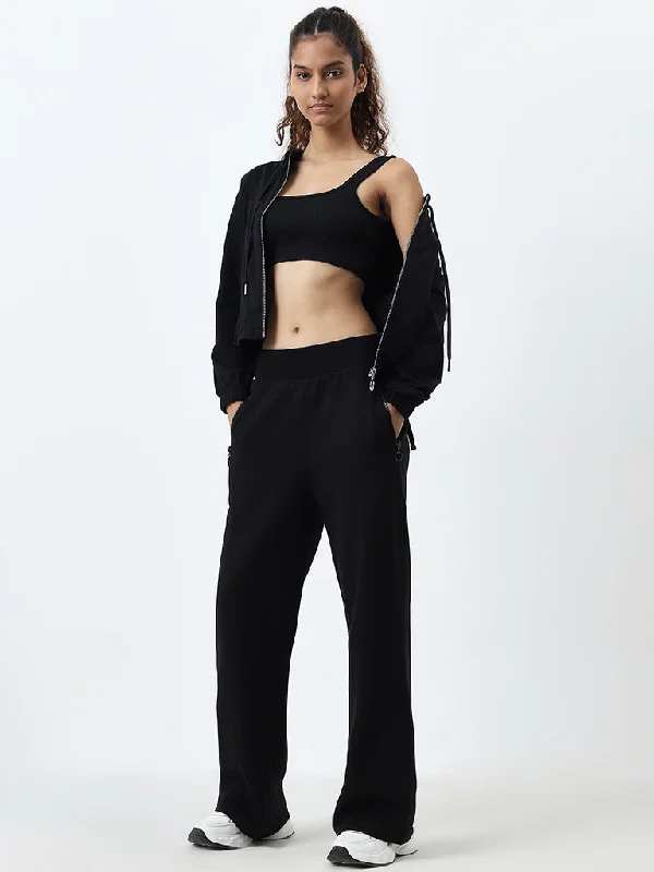 Studiofit Black Solid High-Rise Cotton Blend Track Pants