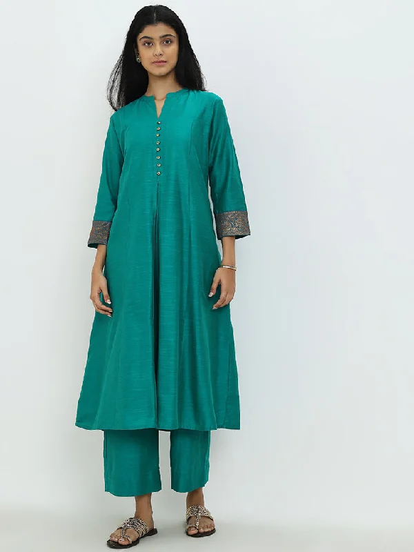 Utsa Teal Pleated and Printed A-Line Kurta