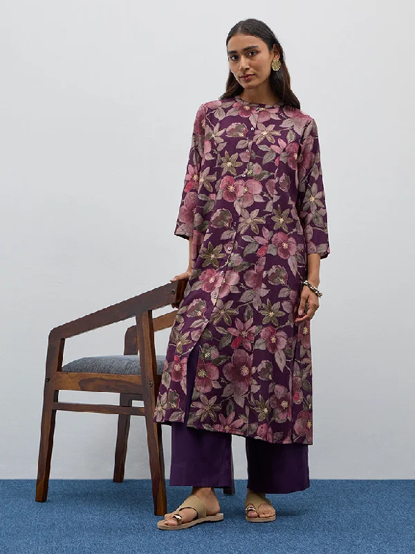 Utsa Purple Floral Design A-Line Kurta