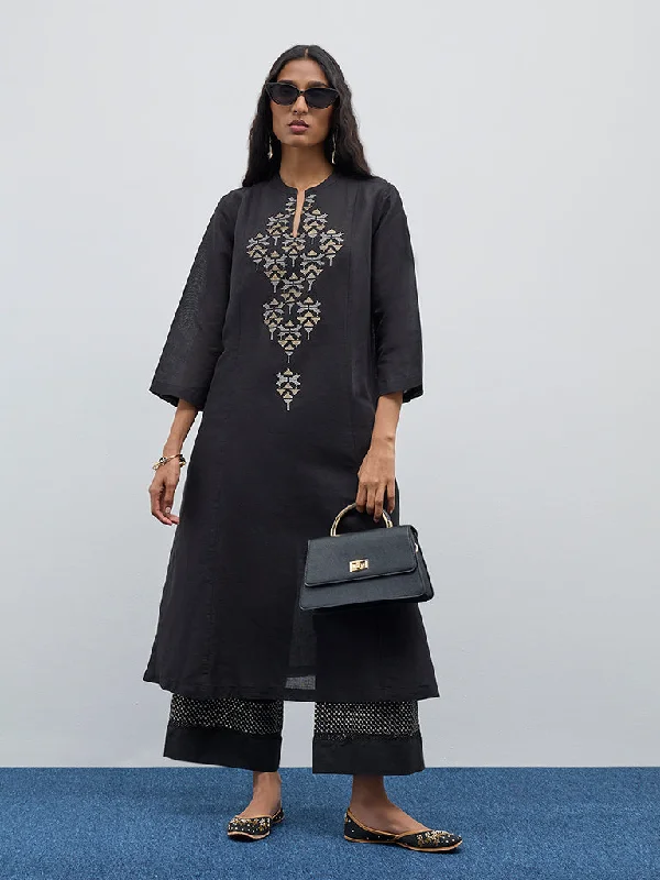 Zuba Black Zari Embroidered A-Line Kurta