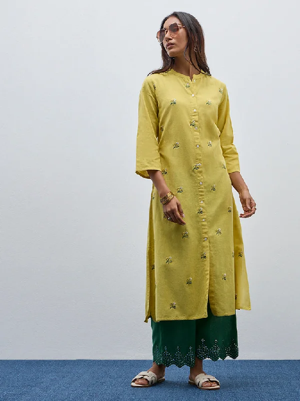 Utsa Yellow Floral Embroidered A-Line Cotton Blend Kurta