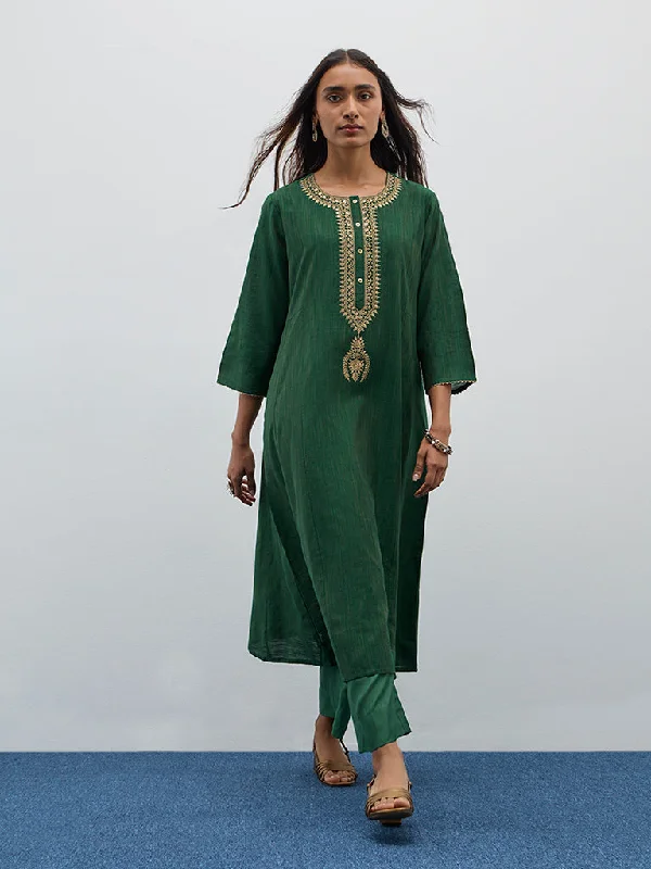 Utsa Dark Green Zari Embroidered A-Line Kurta