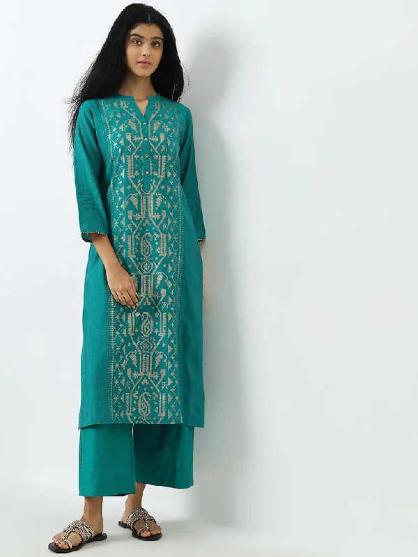 Utsa Teal Jamdani Printed A-Line Kurta