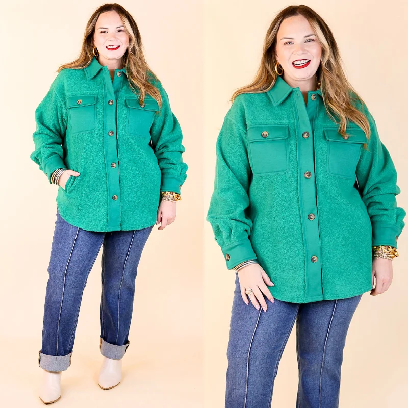 Hollywood Hike Button Up Fleece Jacket with Pockets in Green