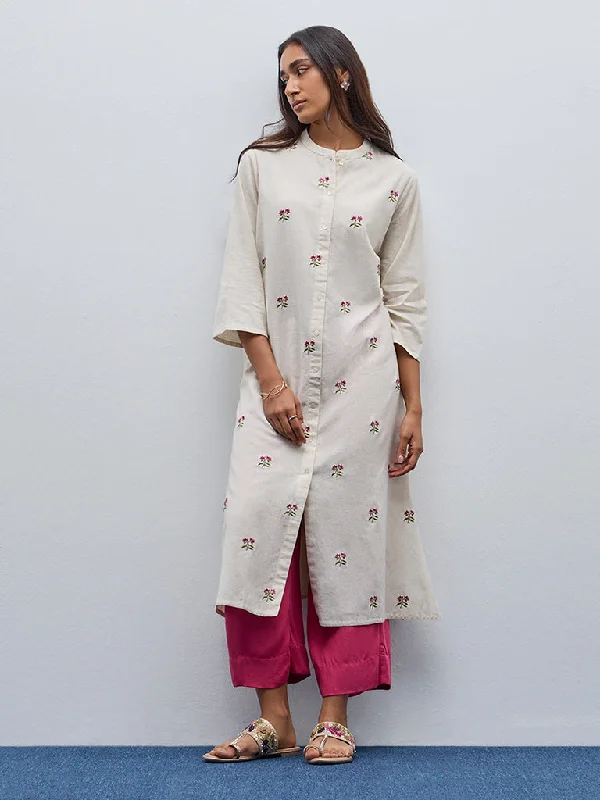 Utsa Off-White Floral Embroidered A-Line Cotton Blend Kurta