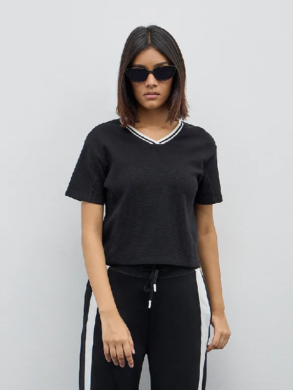 Studiofit Black Waffle-Textured Cotton T-Shirt