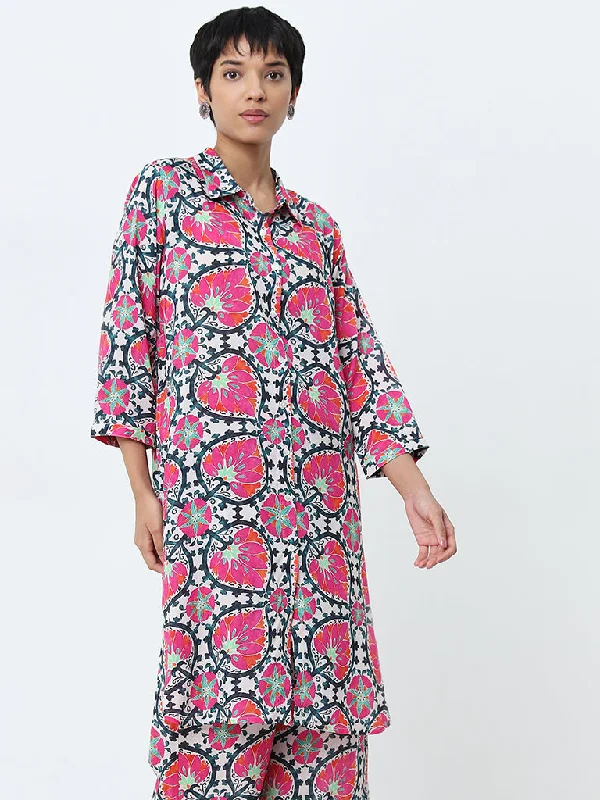 Utsa Pink Leaf Patterned Straight Kurta