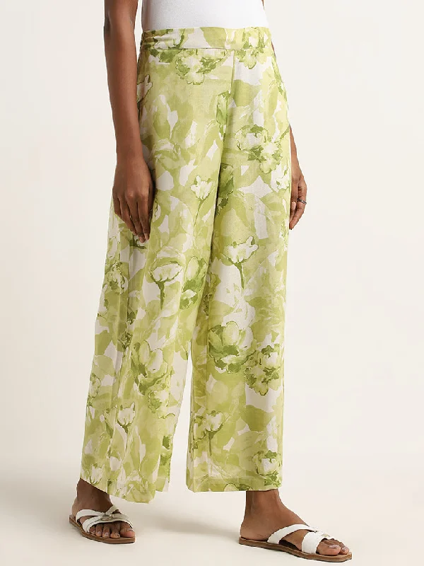 Utsa Lime Foliage Design High-Rise Palazzos