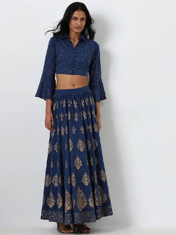 Utsa Navy Badla Printed Cotton Crop Blouse