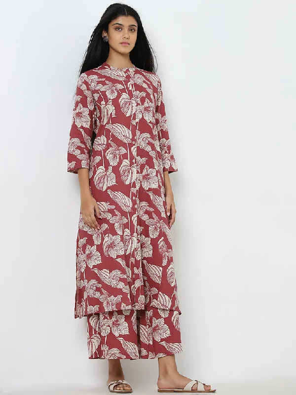 Utsa Dusty Pink Leaf Printed A-Line Kurta