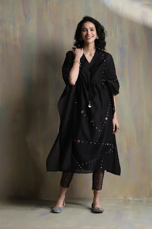 Black Chanderi Kaftan With Pant - Set of 2