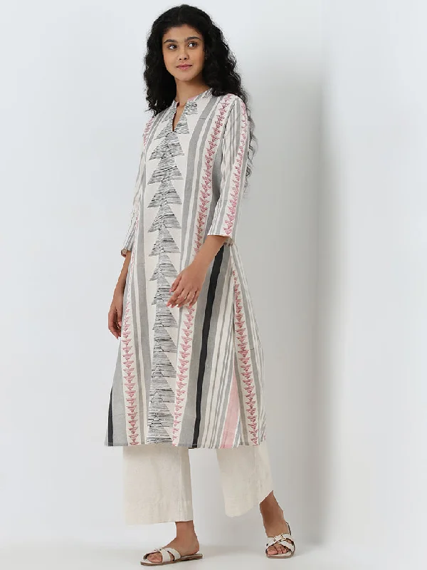 Utsa Grey Printed A-Line Cotton Blend Kurta