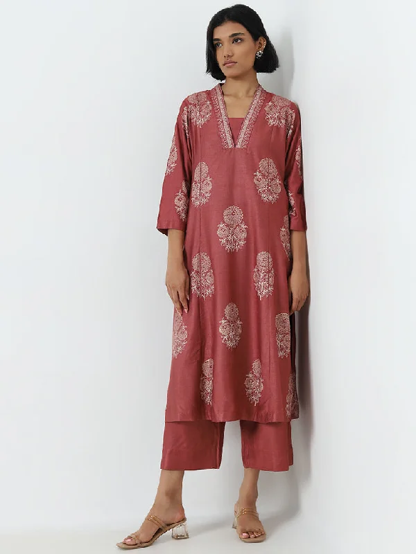 Zuba Dusty Rose Floral Design A-Line Kurta