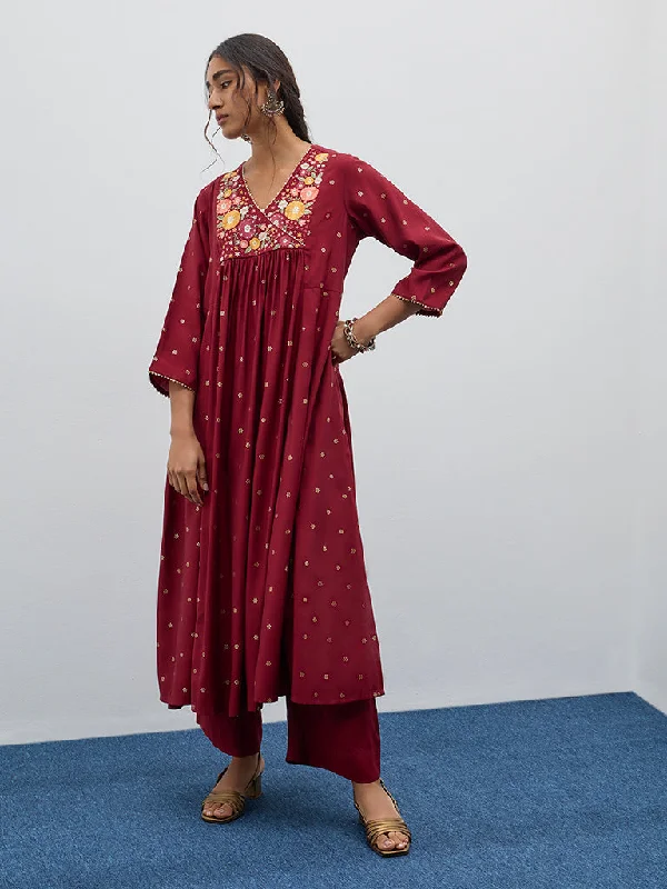 Utsa Maroon Floral Embroidered Fit-and-Flare Kurta