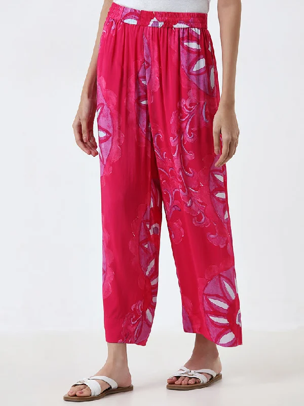 Utsa Pink Floral Design High-Rise Palazzos