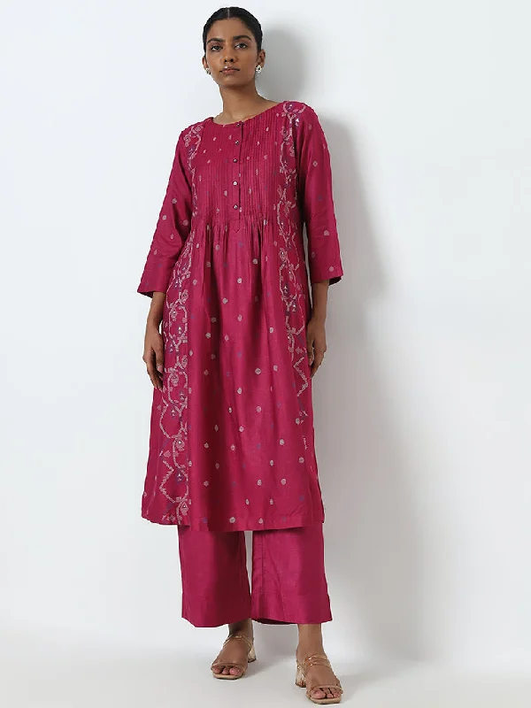 Zuba Fuchsia Jamdani Printed A-Line Cotton Blend Kurta