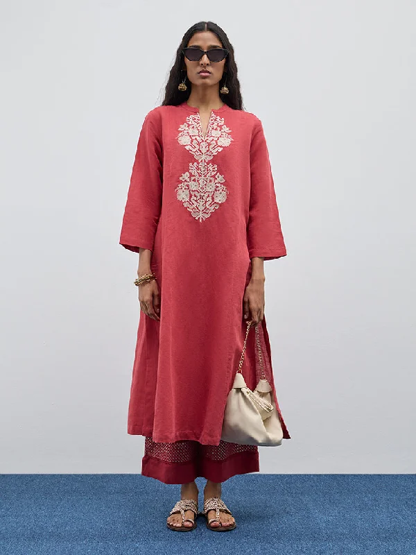 Zuba Red Zari Embroidered A-Line Kurta