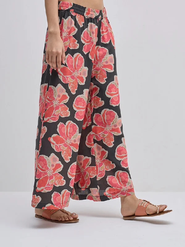 Utsa Charcoal Floral Patterned High-Rise Palazzos