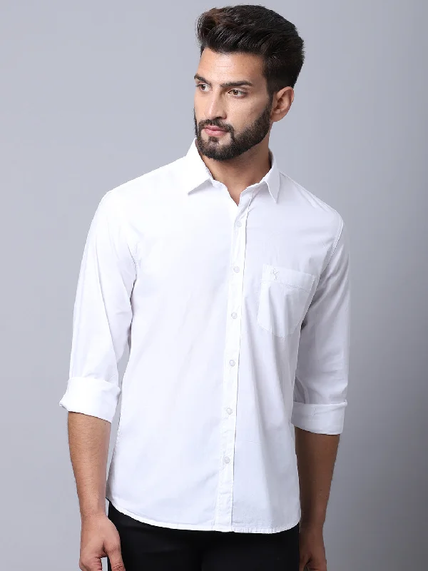 Men's White Casual Plain Stretch Full Sleeve Shirt