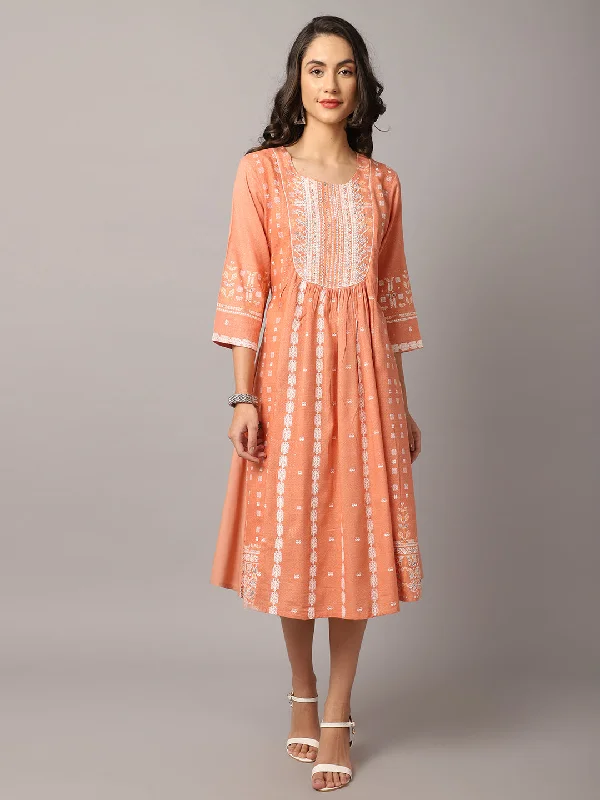 Women's  Round neck Peach Geometric Print Flared Dress