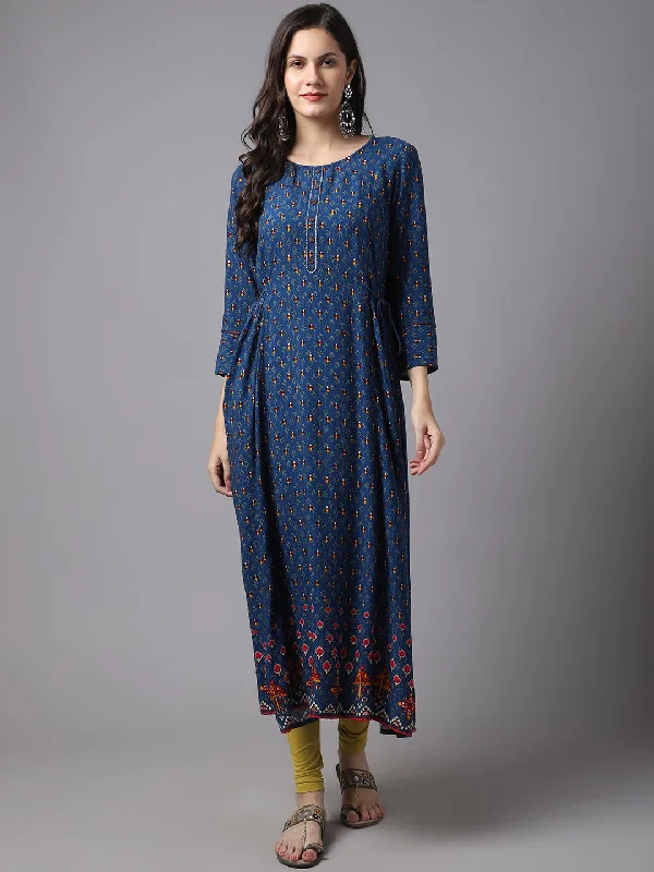 Women's Casual Round neck Blue Printed Calf length Kurti