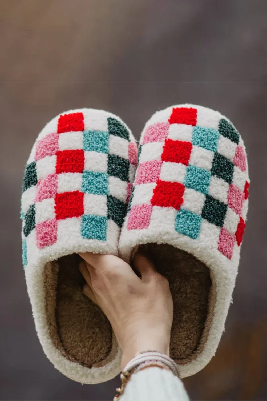 Christmas Multi Colored Checker Slippers for Women in White | KDC-SLPR-159-WHT